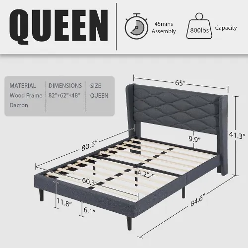 Queen Size Upholstered Platform Bed Frame with Metal Frame, Headboard