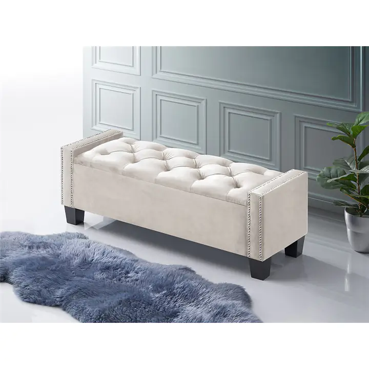 Creme Chrome Accented Button Tufted Bench