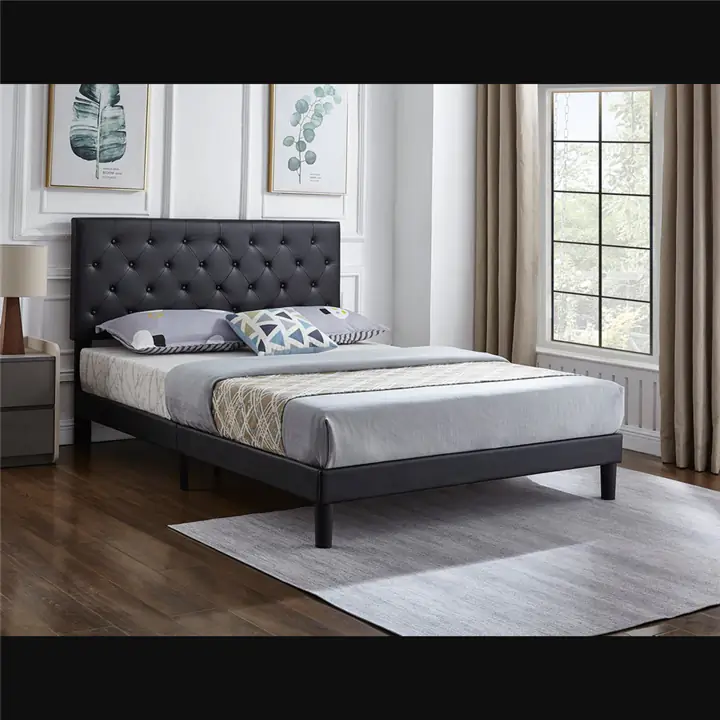 Black PU Leather Bed w Adjustable Headboard w Button Tufting - Queen