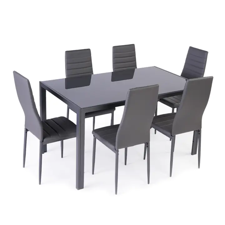 Tempered Grey Glass 7-PC Dining Set w Grey Cushion Seats