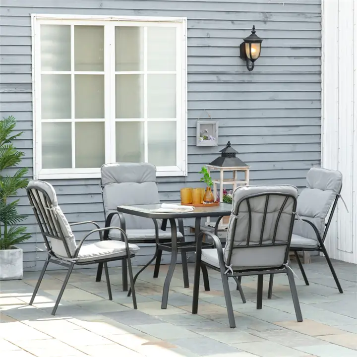 Square Dining Set: Glass Table, 4 Cushioned Armchairs