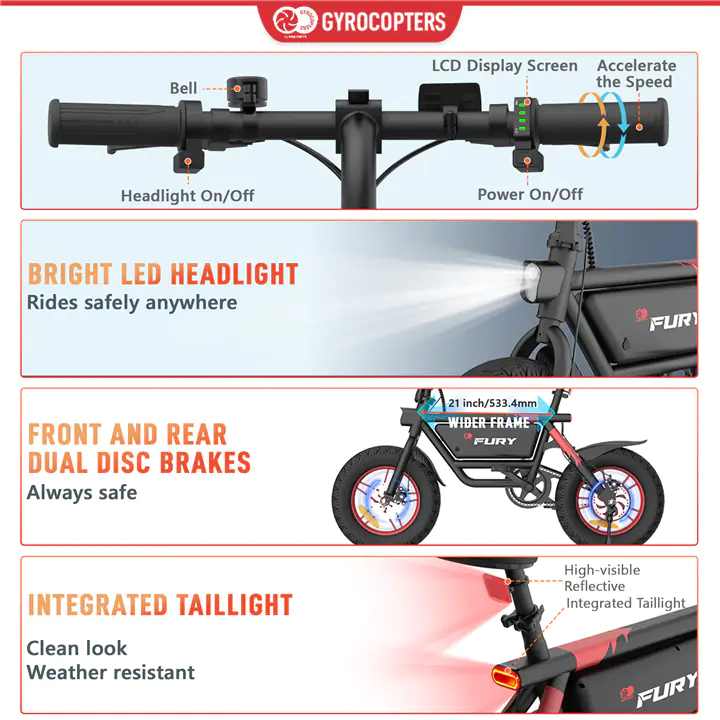 Gyrocopters Fury Fat Tire Electric Bike, up to 58km PAS range, UL-2849