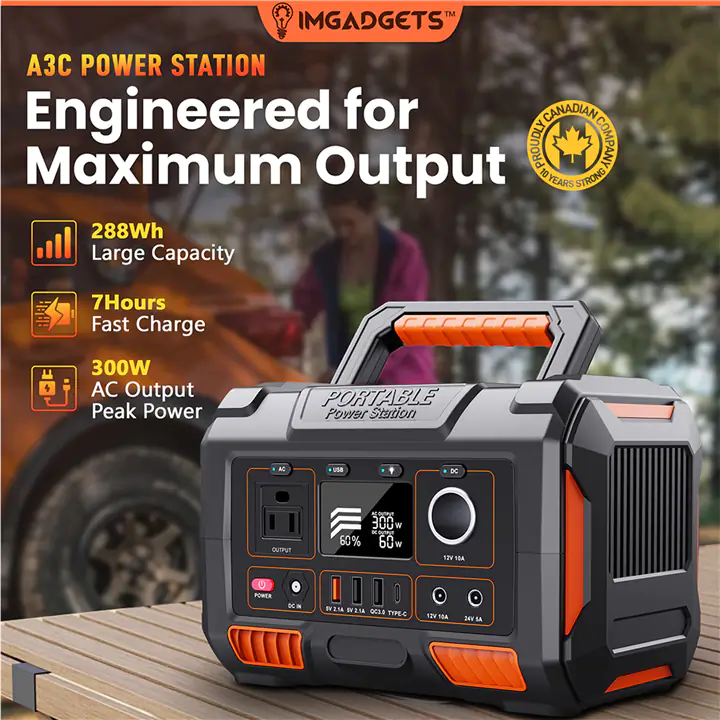 288Wh Portable Power Station, 300W Peak, DC, AC, USB outputs