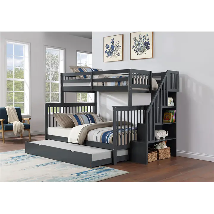 Staircase Bunk Bed with Pull out Trundle - Grey