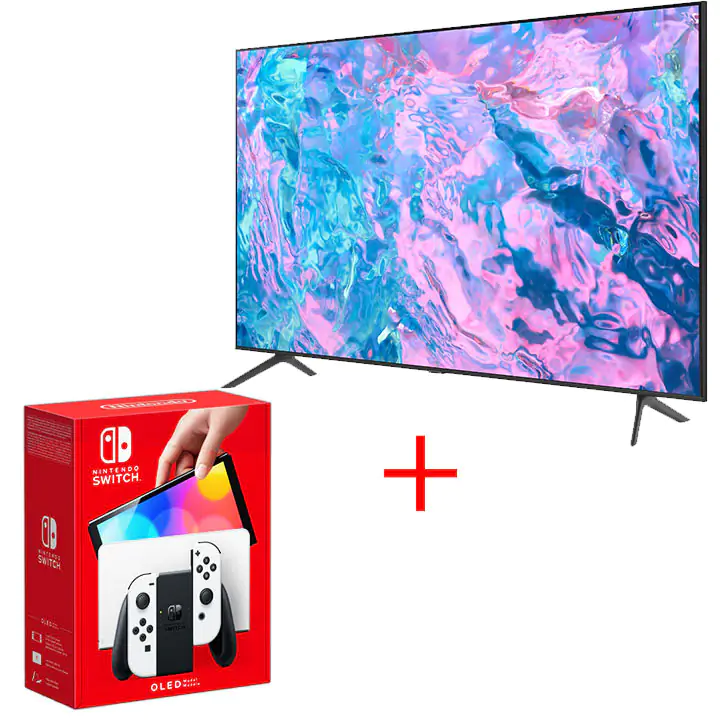 Samsung 65" CU7000 4K UHD Smart TV & Nintendo Switch White OLED Bundle