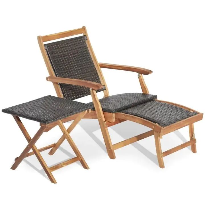 Outdoor Folding Lounge Chairs with Acacia Wood Table
