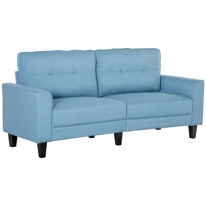 3-Seater Sofa, Mid-Century Linen Couch with Upholstered Seat, Blue