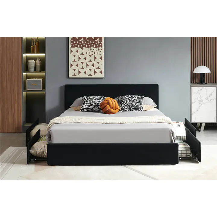 (Black) King Velvet Storage Platform Bed Frame
