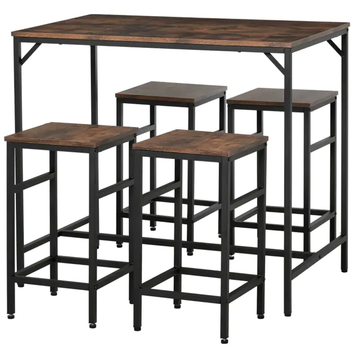 5 Piece Industrial Rectangular Bar Table Set w/ 4 Stools, Rustic Brown