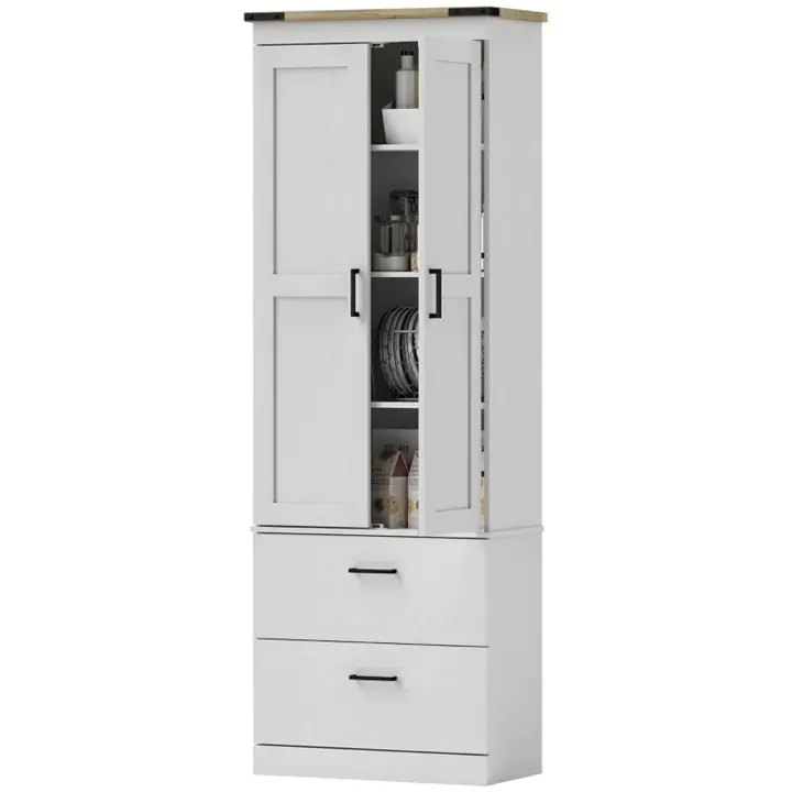 67' Tall Kitchen Pantry Cabinet with Adjustable Shelves, Cream White
