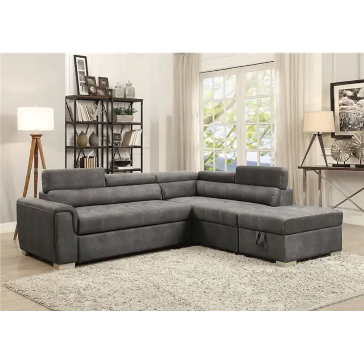 Gray Polished Microfiber Sectional Sofa W/Pull-Out Bed