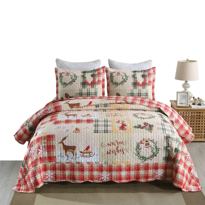MarCielo Christmas Quilt Set Queen Size - Snowflake Deer Design - 3Pcs