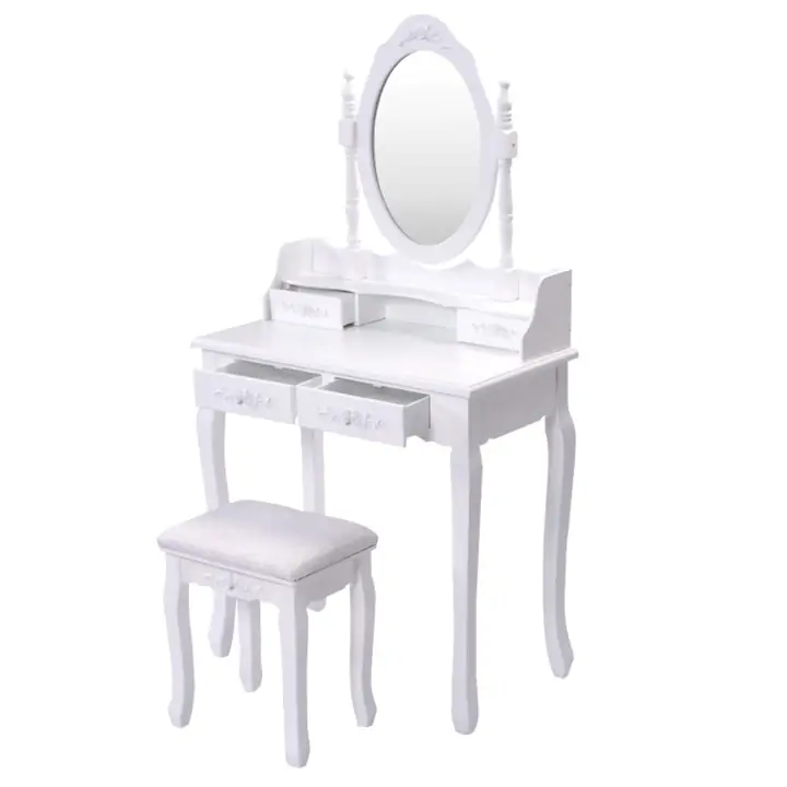 Wood Vanity Table Set with Drawers and Stool
