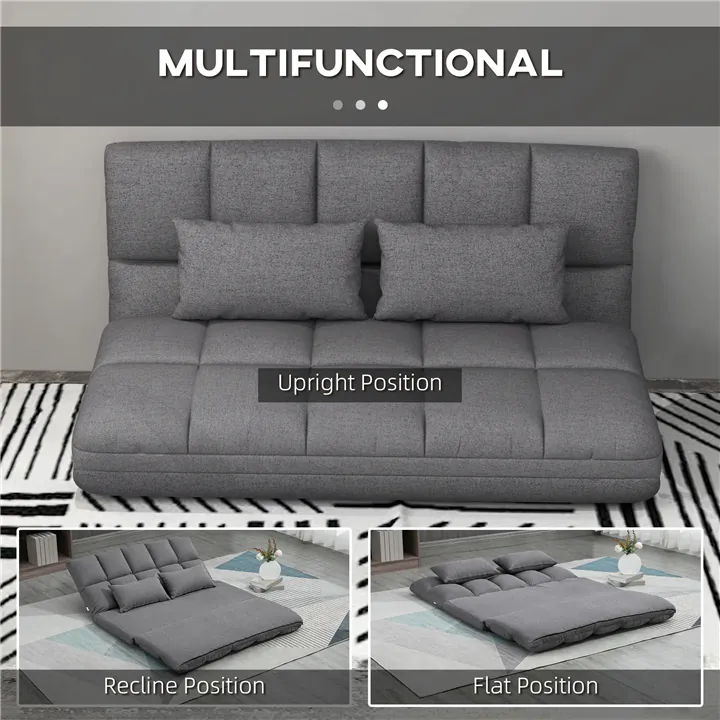 Convertible Floor Sofa Bed with 9-Position Backrest & Pillows – Grey