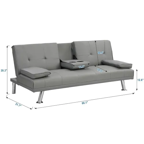 Grey Adjustable Faux Leather Sofa Bed with Cup Holders & Armrests