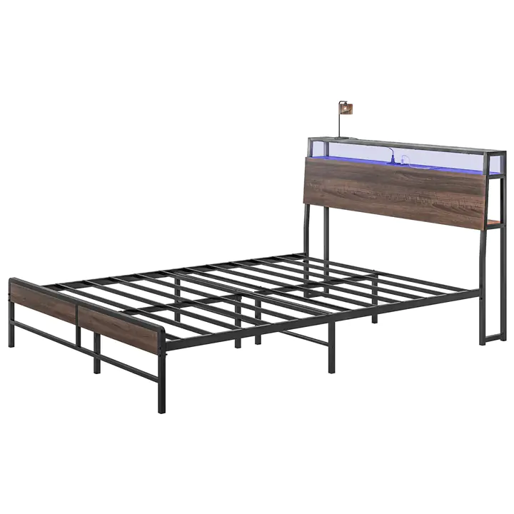 Queen Size Bed Frame with LED Lights and Charging Station, Walnut