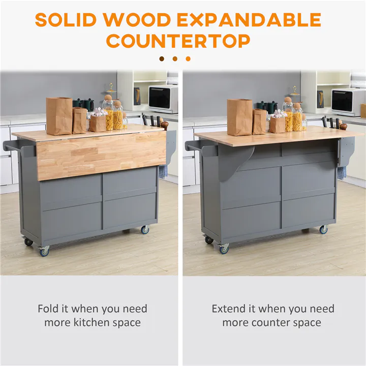 Drop-Leaf Kitchen Island with Scratch-Resistant Rubber Wood Top