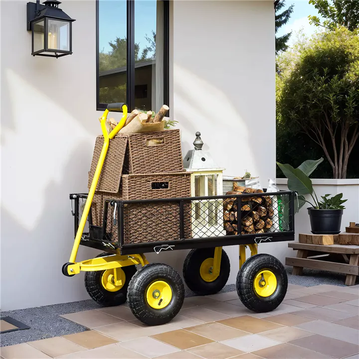 Durable Black Steel Garden Cart with Removable Mesh Sides.