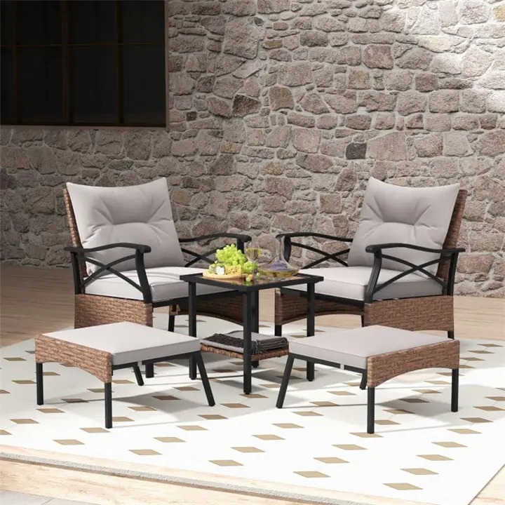 5 Pieces Wicker Patio Furniture Set Ottomans and Side Table