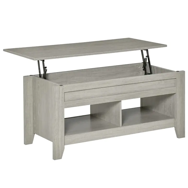 Lift Top Coffee Table with Hidden Storage and Open Shelves, Light Grey