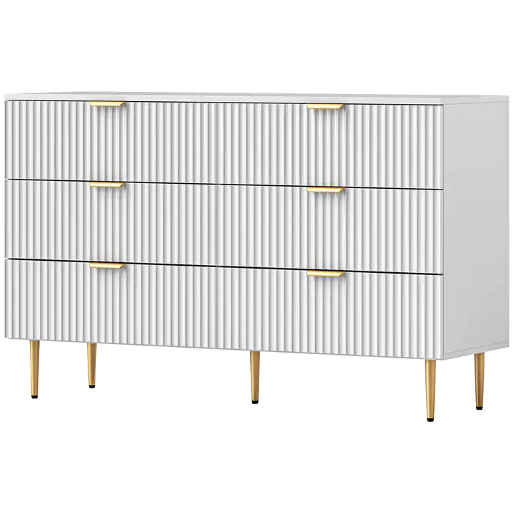 Modern 6-Drawer Dresser for Bedroom with Gold Legs and Handles, White