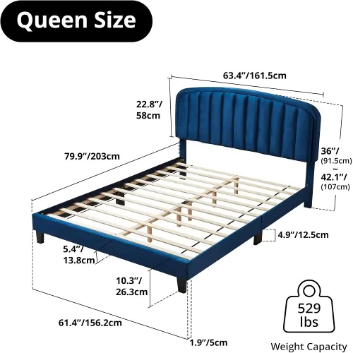 Queen Bed Frame - Velvet Upholstered Platform - Adjustable Headboard