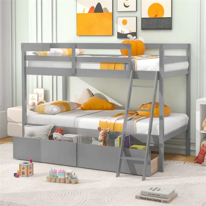 Twin Over Twin Bunk Bed with 2 Storage Drawers and Ladder