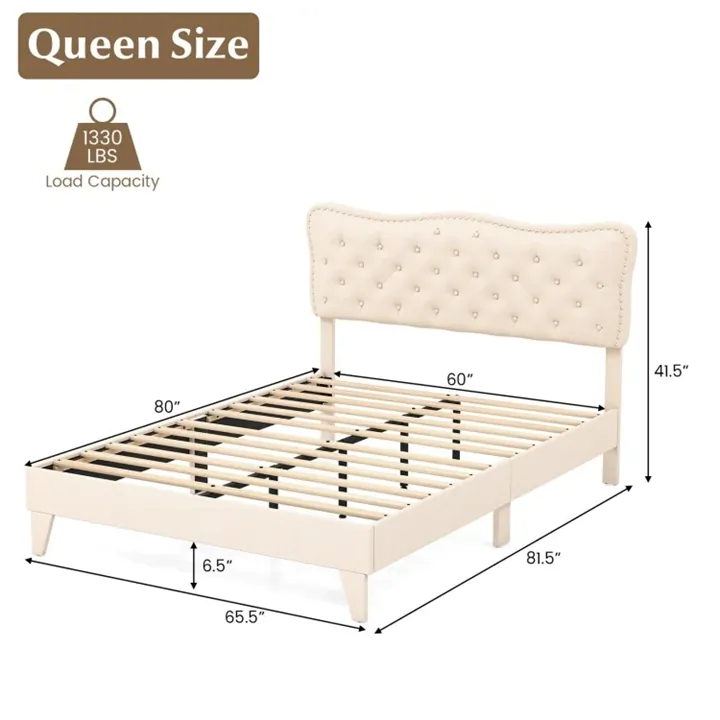 Queen Size Bed Frame with Nail Headboard and Wooden Slats