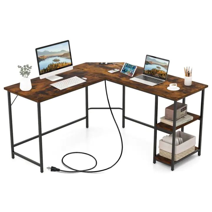 L Shaped Computer Desk with 2 Outlets and USB Ports