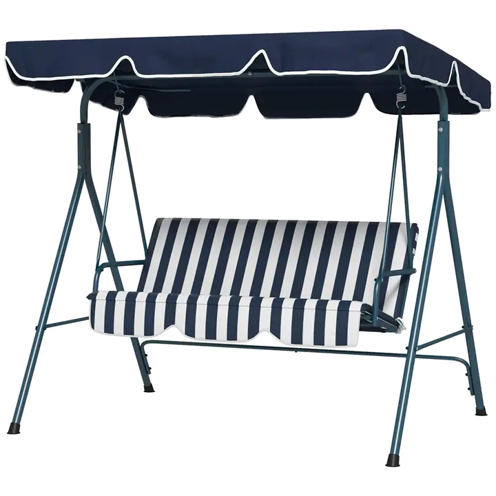 3-Seater Outdoor Porch Swing with Adjustable Canopy, Blue and White