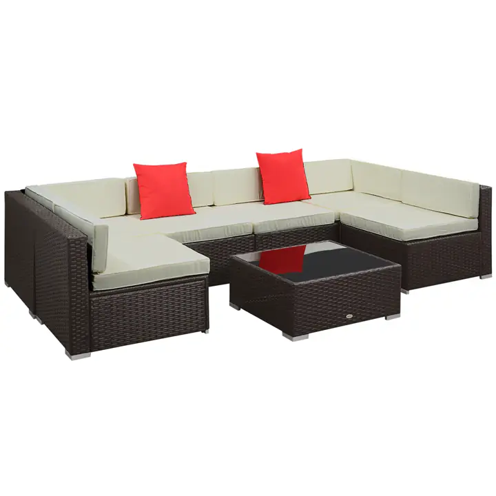 7-Piece Patio Sofa Set, Outdoor Wicker Sectional, Dark Brown & Beige