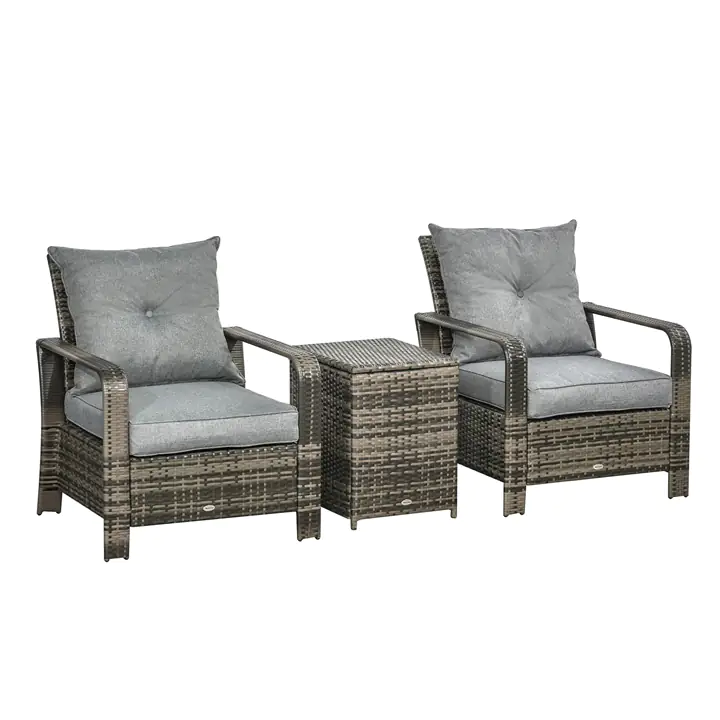 3 Pieces Wicker Patio Furniture Set with Storage Coffee Table, Grey
