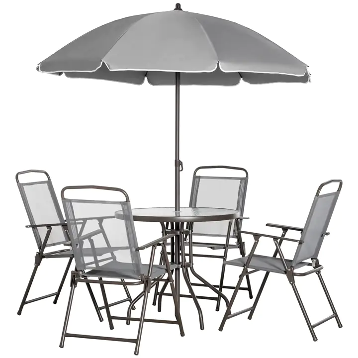 6-Pieces Outdoor Dining Set for 4 with Umbrella, Round Table, Grey