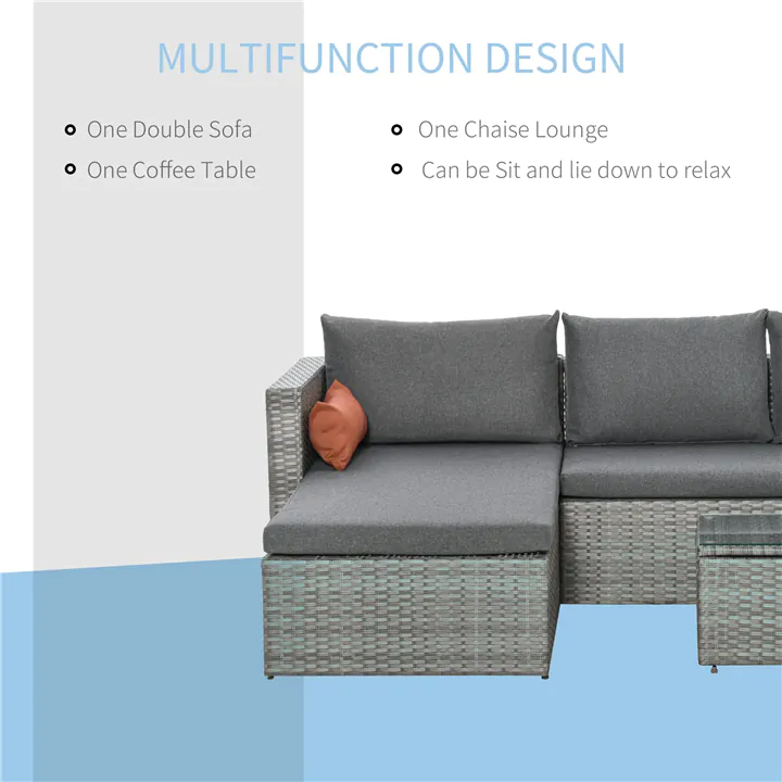 Wicker Patio Furniture Set with Coffee Table, Cushions, Pillows - Grey