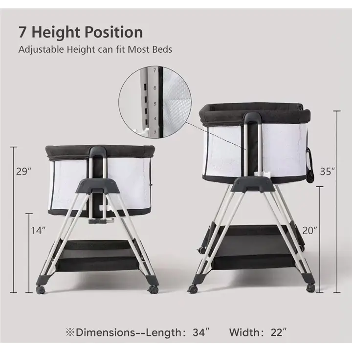 Foldable baby bassinet with wheels and storage tray, Adjustable Height