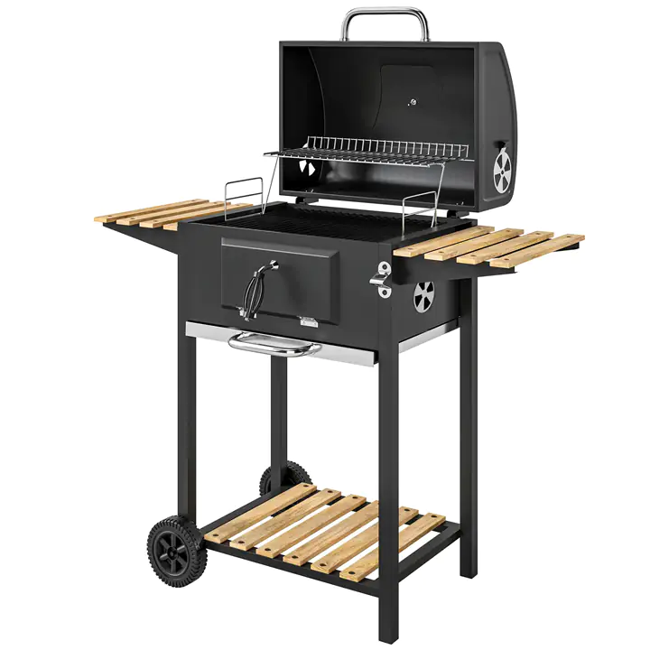 20' Charcoal BBQ Grill on Wheels w/ Adjustable Charcoal Pan, 3 Shelves