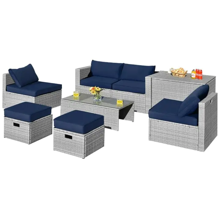 8-Piece Rattan Sofa Set with Weatherproof Cover - Navy