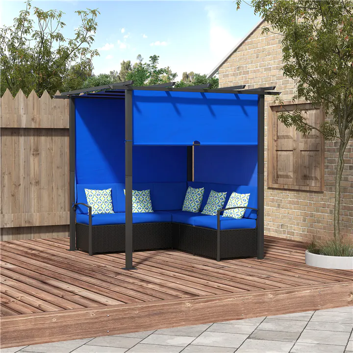 Wicker Patio Set with Retractable Canopy Pergola - Blue