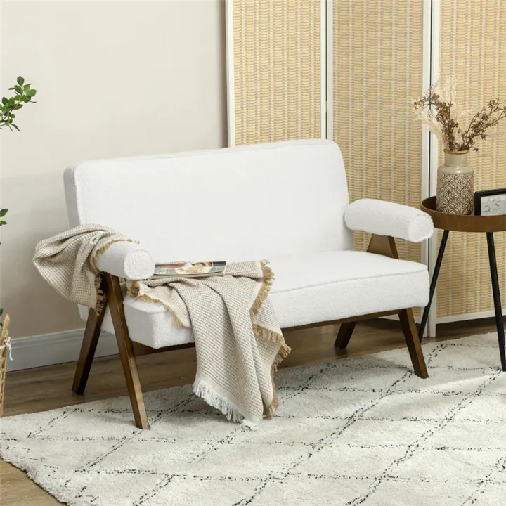 2-Seater Loveseat with Wood Legs - Cream White