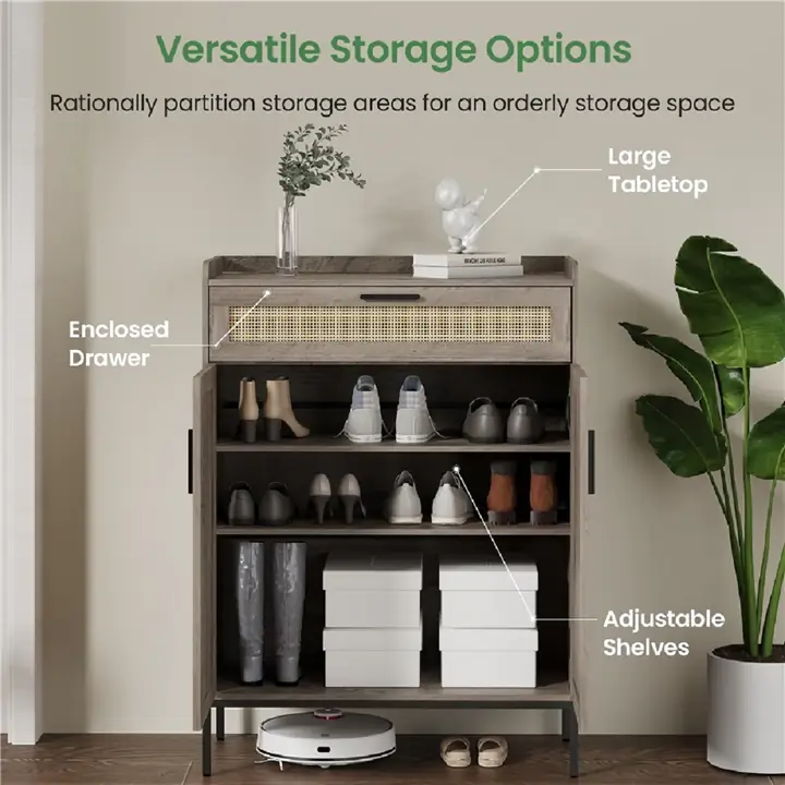Storage Cabinet with Rattan Doors, Shoe Rack Organizer with Top Drawer