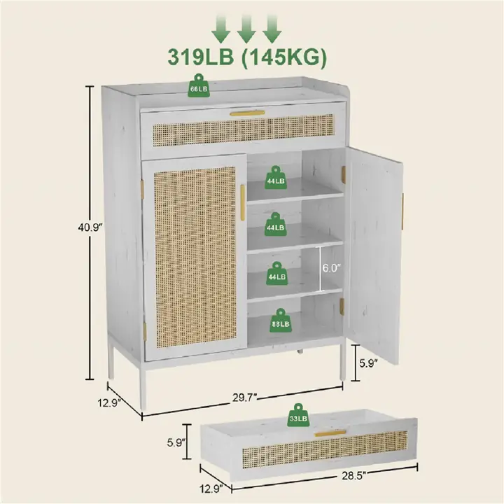 Storage Cabinet with Rattan Doors, Shoe Rack Organizer with Top Drawer