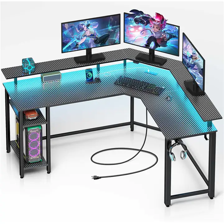 L-Shaped Gaming Desk 47''with LED Lights, Power Outlets & Monitor Stan