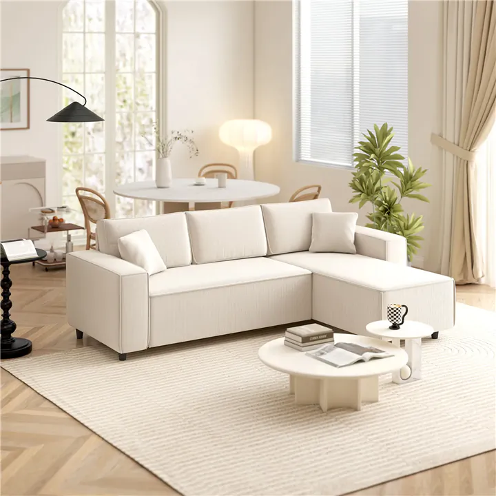 Corduroy L-Shaped Sectional Sofa - Cream White