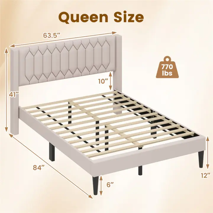 Queen Size Bed Frame with Upholstered Headboard