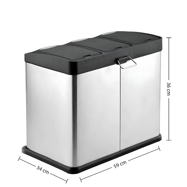Triple Compartment Stainless Steel Recycling Bin with Foot Pedals