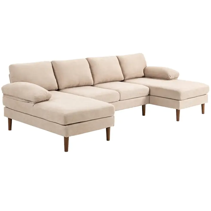 U Shape Couch with Double Chaise Lounge, Modern 4 Seater Sofa, Beige