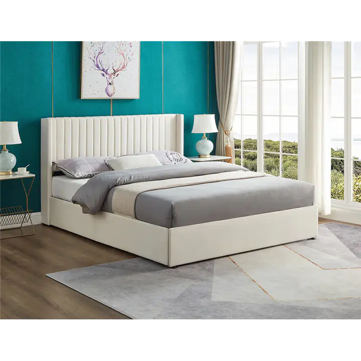 Elegant Wingback Design Platform Bed - Creme/Queen