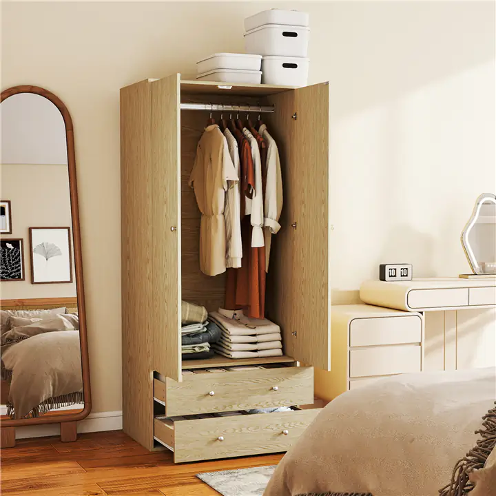 Modern Wardrobe Closet Armoire with 2 Drawers and Hanging Rod