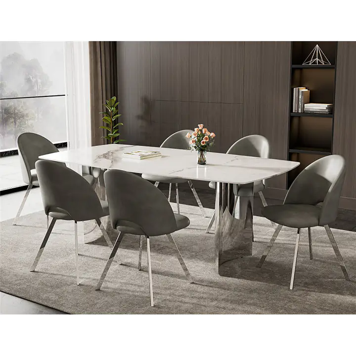 7pc Celeste Marble & Steel Dining Ensemble