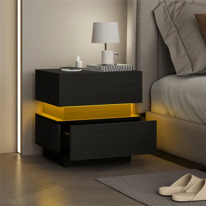 Modern Bedside Nightstand with LED Light - Black